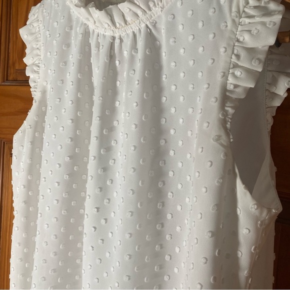 J. Crew Crisp White Swiss Dot Ruffled Mandarin Collar Sleeveless Blouse - Picture 3 of 7